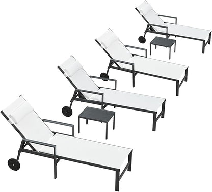 PURPLE LEAF Patio Lounge Chair Set Outdoor Chaise Lounger Aluminum Frame with Armrest 2 Side Table and Wheels for Pool Outside Sunbathing Tanning Recliner Including Pillows White