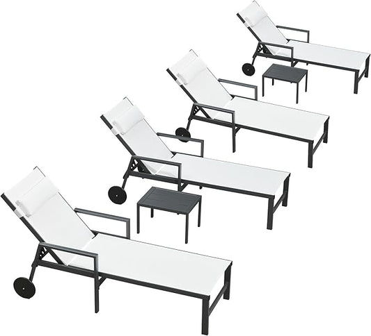 PURPLE LEAF Patio Lounge Chair Set Outdoor Chaise Lounger Aluminum Frame with Armrest 2 Side Table and Wheels for Pool Outside Sunbathing Tanning Recliner Including Pillows White