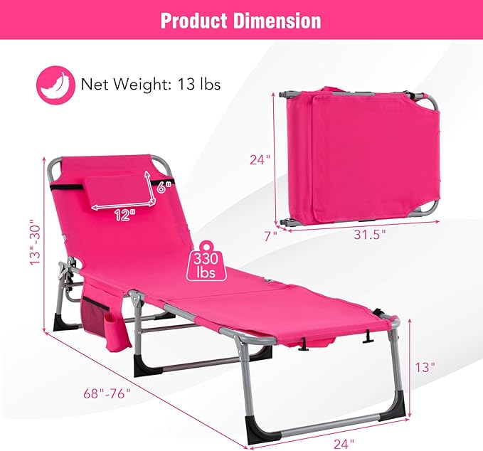 Giantex Tanning Chair, 330Lbs Patio Lounge Chair with 5 Adjustable Position, Face & Arm Hole, Hand/Shoulder Strap, Removable Pillow, Side Pocket, Chaise Lounger for Beach Sunbathing Outdoor, Pink