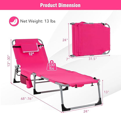 Giantex Set of 2 Tanning Chair with 5 Adjustable Positions, Face & Arm Hole, Hand/Shoulder Strap, Removable Pillow, Side Pocket, Load 330 Lbs, Patio Lounge Chair for Outdoor Beach Sunbathing, Pink
