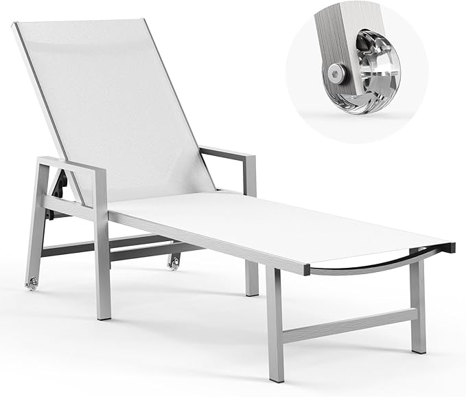 Patio Chaise Lounge Outdoor with Wheels&Armrests, Aluminum Pool Lounge Chairs 5-Position Adjustable Recliner - Photo 1