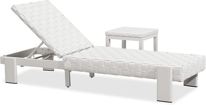PURPLE LEAF Patio Lounge Chair Modern Outdoor PU Leather Style Chaise Lounge 1 Piece with Side Table Adjustable Backrest Aluminum Luxury Chaise Lounge Chairs for Pool Garden Backyard Beach, White