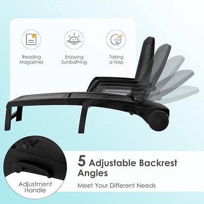 Tangkula Outdoor Chaise Lounge Chair, 5-Position Adjustable Recliner with Storage Box and Flexible Wheels, All-Weather Folding Patio Lounge Chair for Poolside, Beach and Backyard (2, Black)