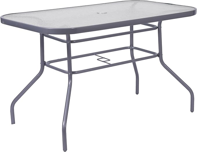 Flash Furniture Tory Rectangle Patio Table with Umbrella Hole, Commercial All-Weather Table with Heat Resistant Tempered Glass, Steel Tube Frame, 27.5x47.25, Silver
