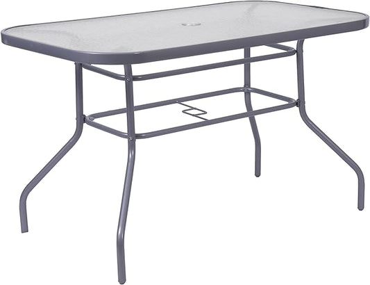 Flash Furniture Tory Rectangle Patio Table with Umbrella Hole, Commercial All-Weather Table with Heat Resistant Tempered Glass, Steel Tube Frame, 27.5x47.25, Silver