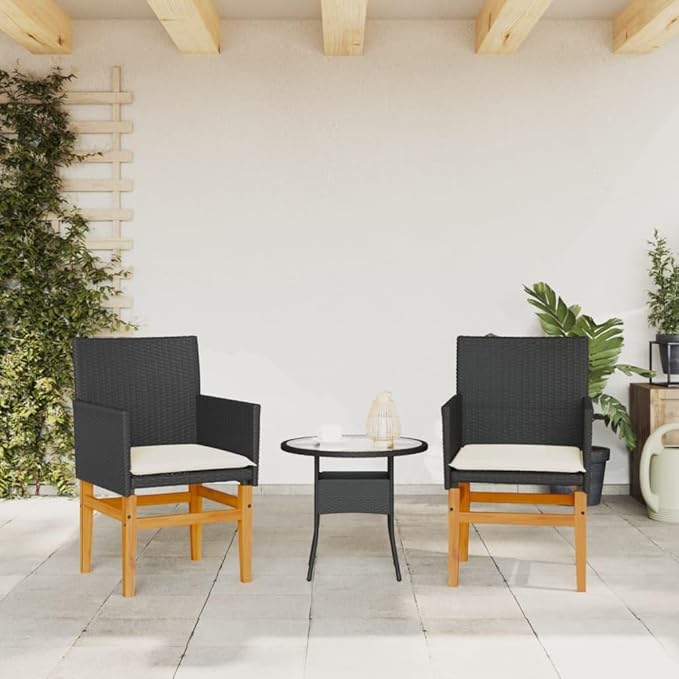 Patio Chairs with Cushions 2 pcs Black Poly Rattan&Solid Wood Sillas para Patio Lawn Chairs for Dining Table Garden - Photo 4