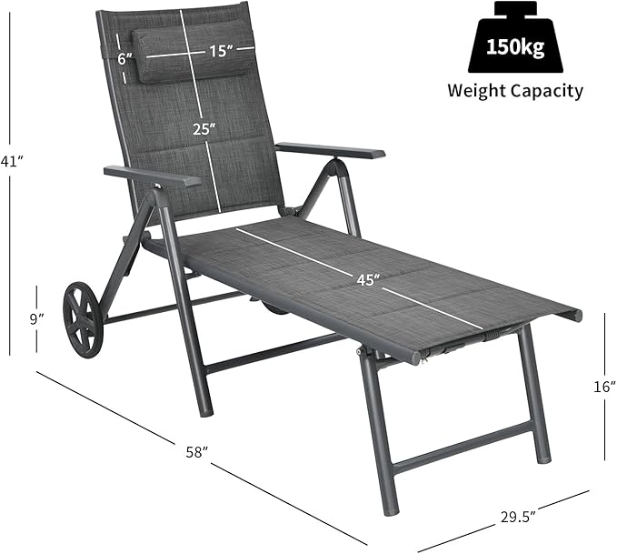Tangkula 2 Pieces Patio Chaise Lounge W/Wheels, Outdoor Folding Padded Lounge Chair W/ 7-Position Backrest, Removable Headrest, Aluminum Reclining Chair, Suitable for Deck, Porch, Poolside (2, Grey)