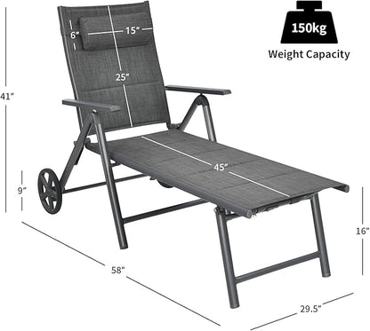 Tangkula 2 Pieces Patio Chaise Lounge W/Wheels, Outdoor Folding Padded Lounge Chair W/ 7-Position Backrest, Removable Headrest, Aluminum Reclining Chair, Suitable for Deck, Porch, Poolside (2, Grey)