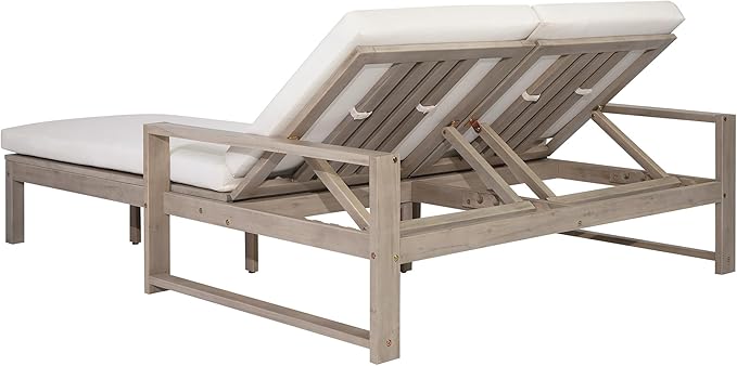 Acacia Wood Outdoor Double Chaise Lounge with 5-Position Adjustable Backrest and Armrest - Photo 9