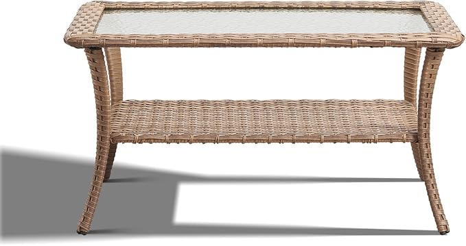 Outdoor Coffee Table - Patio Rattan Wicker Coffee Table with Tempered Glass Top and 2-Tier Storage Outdoor Table for Deck Porch Balcony Garden - Yellow