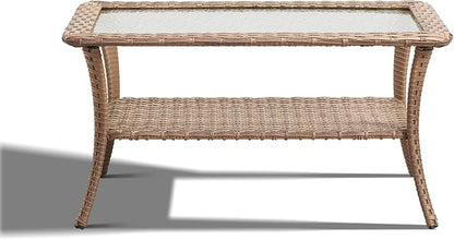 Outdoor Coffee Table - Patio Rattan Wicker Coffee Table with Tempered Glass Top and 2-Tier Storage Outdoor Table for Deck Porch Balcony Garden - Yellow