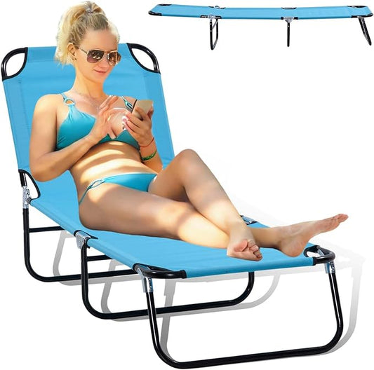 3-in-1 Heavy Duty Tanning Chair with Face Hole Adjustable 5-Position Folding Chaise Lounge Chairs Portable Lay Flat Beach Lounge Chair for Outdoor Sunbathing Patio Pool Lawn Camping Deck (Blue 3)