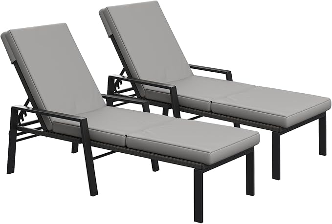 AECOJOY Chaise Lounge Chairs for Outside Set of 2, Adjustable Wicker PE Rattan Patio Pool Recliner Chair with Removable Cushion for Beach, Patio, Poolside, Lawn, Black Rattan&Dark Grey Cuchion
