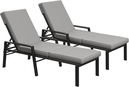AECOJOY Chaise Lounge Chairs for Outside Set of 2, Adjustable Wicker PE Rattan Patio Pool Recliner Chair with Removable Cushion for Beach, Patio, Poolside, Lawn, Black Rattan&Dark Grey Cuchion