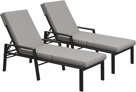 AECOJOY Chaise Lounge Chairs for Outside Set of 2, Adjustable Wicker PE Rattan Patio Pool Recliner Chair with Removable Cushion for Beach, Patio, Poolside, Lawn, Black Rattan&Dark Grey Cuchion