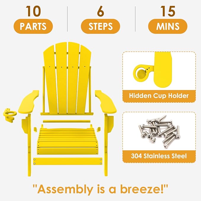 IVY&LANE Folding-Adirondack-Chairs-Set-of-4 | HDPE Plastic | Outdoor Fire Pit Chair with Cup Holder | Yellow | Poly | Weather Resistant | for Patio Deck Poolside Garden Beach
