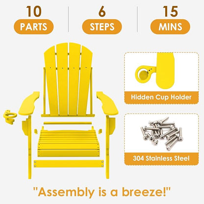 IVY&LANE Folding-Adirondack-Chairs-Set-of-4 | HDPE Plastic | Outdoor Fire Pit Chair with Cup Holder | Yellow | Poly | Weather Resistant | for Patio Deck Poolside Garden Beach