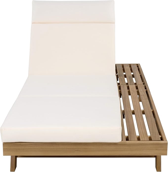 Christopher Knight Home Dami Chaise Lounge Chair Outdoor with 4'' Foldable Cushion, Acacia Wood Poolside Sun Lounger, Space Available On One Side, Adjustable Backrest Pool Lounger, Light Brown+Cream