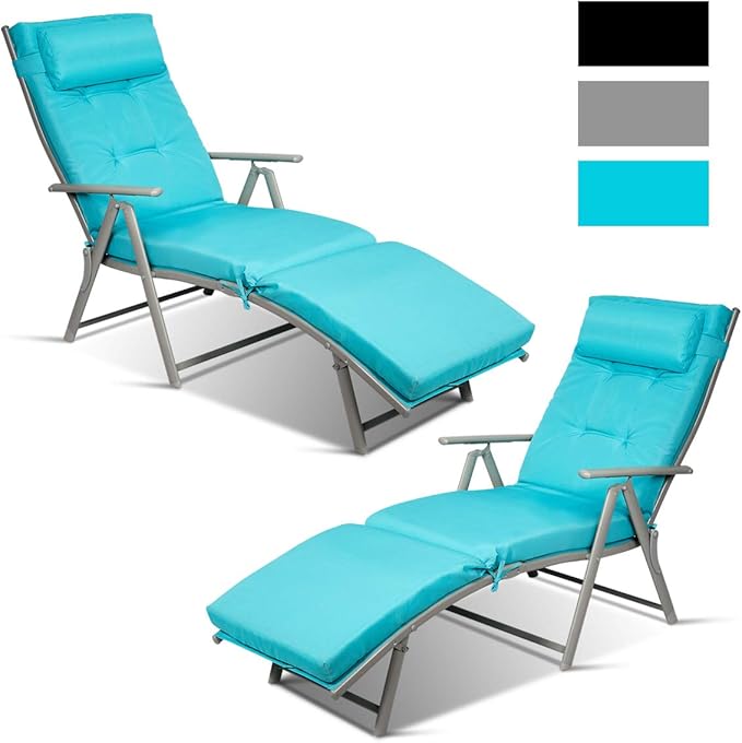 COSTWAY 2PC Outdoor Folding Chaise Lounge Chair Lightweight Recliner w/Cushion Turquoise