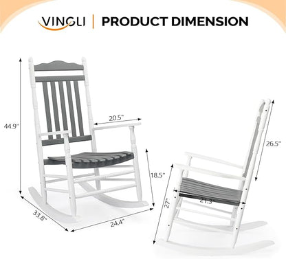 VINGLI Wooden Rocking Chair Outdoor, Patio Rockers with High Back, Support 450 LBS Rocking Chairs, for Porch, Patio, Balcony, Garden, Yard (White&Grey, 2 PCS)