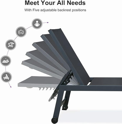 PURPLE LEAF Patio Chaise Lounge Set for 2 Outdoor Chaise Lounge Chair with Aluminum Frame and Wheels Pool Lounge Chairs for Deck Yard Poolside Table Included, Dark Grey