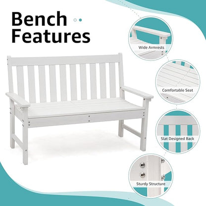 COBANA Outdoor Garden Bench, All Weather HDPE Patio Porch Bench with Faux Wood Grain Pattern, 2-Person Seat for Lawn, Park, Backyard, Entryway, White