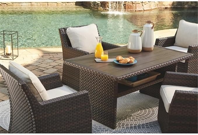 BOWERY HILL Patio Dining Table, Dark Brown and Beige Finish, Resin Wicker and Rust-Free Aluminum Frame, 58.75 x 33.50 x 27.75 in, Water-Resistant Aluminum Top, Versatile Outdoor Table for Dining and