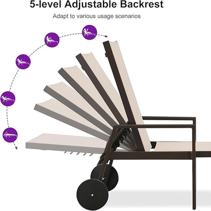 PURPLE LEAF Outdoor Chaise Lounge Chair Set of 2 with Armrests, Aluminum Patio Loungers with Wheels and Adjustable Backrest, Includes Side Table for Deck, Outside, Lawn, Garden, Sand Beige