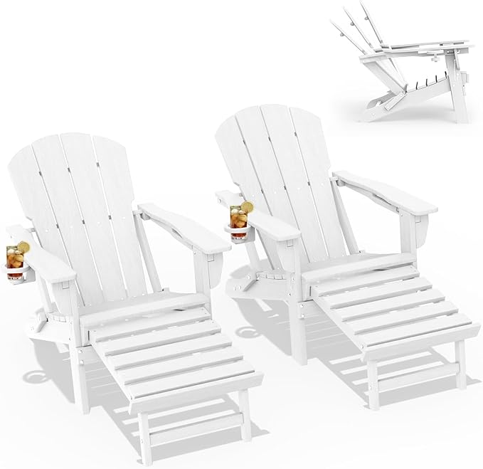 LOUNZY Folding Adjustable Adirondack Chair with Retractable Ottoman Set of 2,HDPE Recliner Adirondack Chair with Cup Holder for Deck Lawn Fire Pit, White