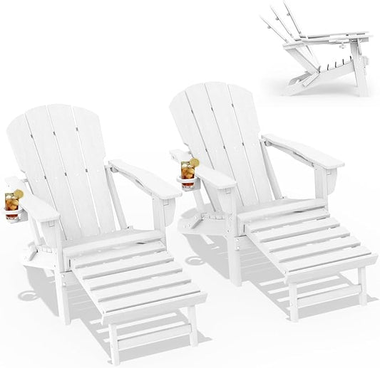 LOUNZY Folding Adjustable Adirondack Chair with Retractable Ottoman Set of 2,HDPE Recliner Adirondack Chair with Cup Holder for Deck Lawn Fire Pit, White