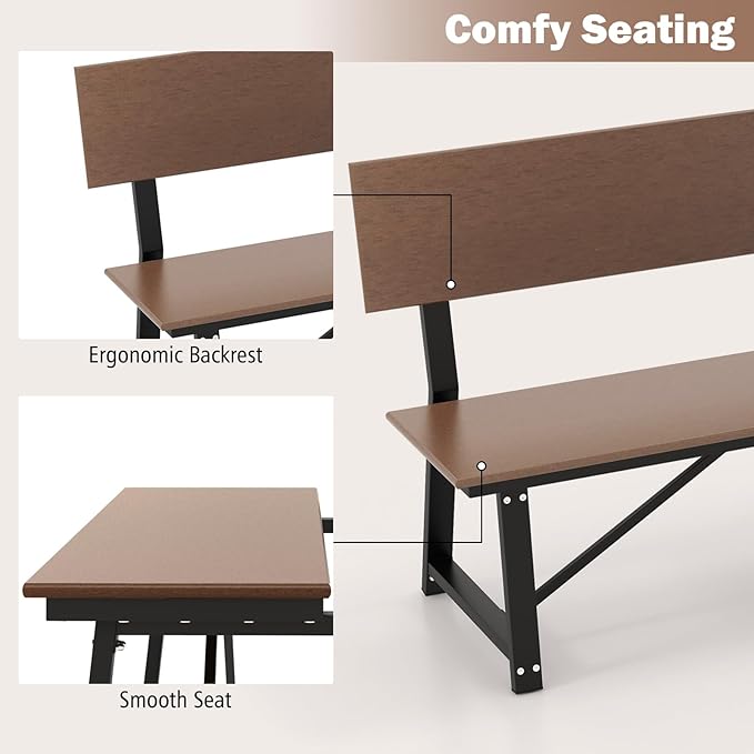 Giantex 72 Inches Outdoor Bench with Weatherproof HDPE Backrest & Seat, Heavy Duty Metal Frame, 1100 Lbs Capacity, Park Bench for 4-Person, Lawn, Porch, Deck, Patio (2, Brown)