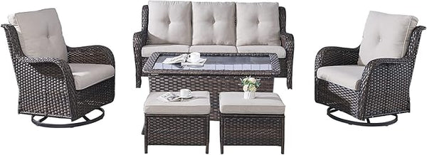 Rilyson Wicker Patio Furniture Set - 6 Piece Rattan Outdoor Sectional Conversation Sets with 2 Swivel Rocking Chairs - Photo 1