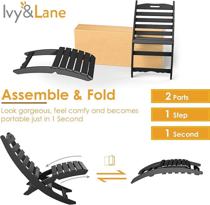 IVY&LANE Portable Xavier-Chairs Set of 2 | Folding-Adirondack-Chair | Wave | HDPE Plastic | Black | All-Weather Resistant | for Outdoor Fire-Pit Patio Lawn Beach Poolside