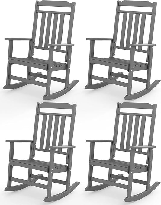 GREENVINES Outdoor-Rocking-Chairs-Set-of-4 | HDPE Plastic | Patio Rockers | Porch Rocker Chair | Oversized | High Back | Big & Tall | Grey