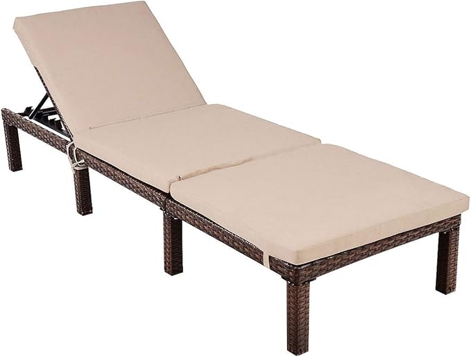 Tangkula Rattan Wicker Chaise Lounge Chair, Outdoor Patio Lounger Recliner Chair w/Adjustable Backrest, Heavy-Duty Reclining Chair Sunbed with Thick Zippered Cushion for Garden Yard Patio (1, Brown)