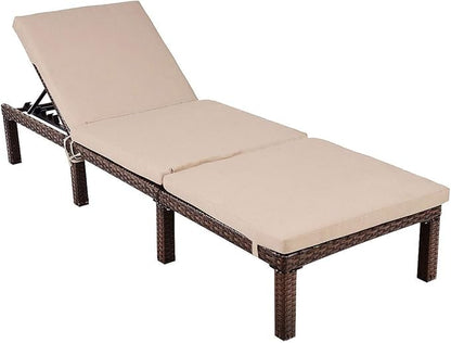 Tangkula Rattan Wicker Chaise Lounge Chair, Outdoor Patio Lounger Recliner Chair w/Adjustable Backrest, Heavy-Duty Reclining Chair Sunbed with Thick Zippered Cushion for Garden Yard Patio (1, Brown)