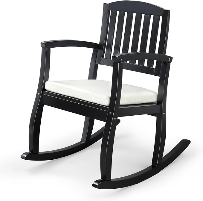 VINGLI Patio Rocking Chair with Cushion, Wood Rocking Bench with Comfortable Backrest, Outdoor Wooden Rocker Support 450 LBS for Indoors & Outdoors (Black, 1 PCS)