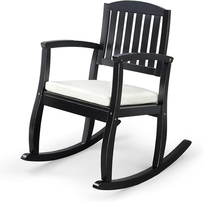 VINGLI Patio Rocking Chair with Cushion, Wood Rocking Bench with Comfortable Backrest, Outdoor Wooden Rocker Support 450 LBS for Indoors & Outdoors (Black, 1 PCS)