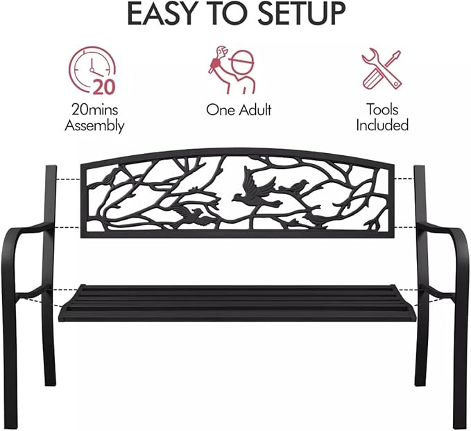 Patio Outdoor Park Loveseat Bench for Garden Porch Deck Made Cast Iron Anti-Rust Aluminum Metal, 2-3 Seater Aluminium Steel (Bird Pattern 50")