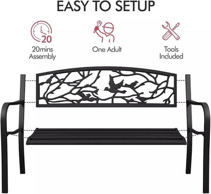 Patio Outdoor Park Loveseat Bench for Garden Porch Deck Made Cast Iron Anti-Rust Aluminum Metal, 2-3 Seater Aluminium Steel (Bird Pattern 50")