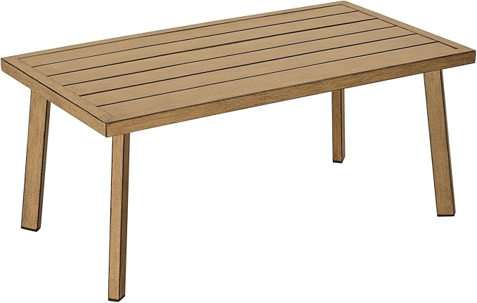 Patio Coffee Table, Never-Rust Aluminum Outdoor Coffee Table with Wood Grain Texture, Modern Rectangle Garden Coffee Table with Slatted Tabletop for Porch, Decks, Indoor, Balcony, Teak | Never-Rust, Wood Grain Texture, Slatted Tabletop