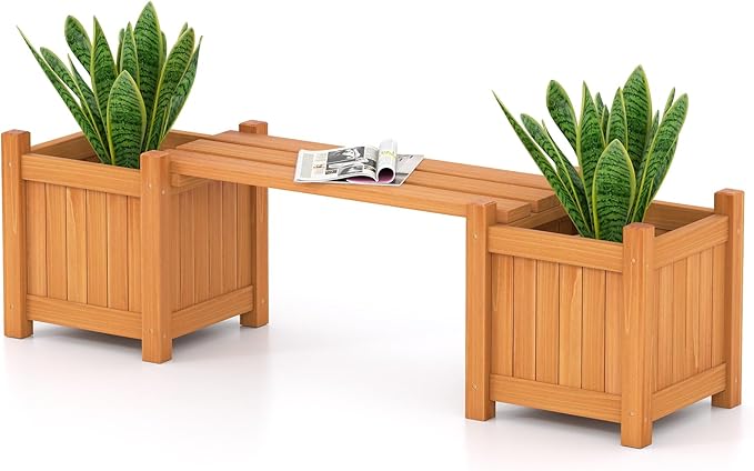 S AFSTAR Outdoor Planter Bench, Wooden Planter Box with Bench, Small Raised Plant Container Garden Boxes for Patio, Yard, Deck & Balcony