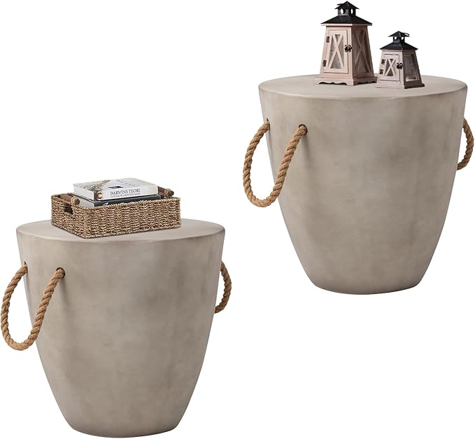 HOMPUS Concrete Outdoor Side Table Sets of, 2 Pieces Drum Accent Light Gray Modern End Table, Round Coffee Table with Rope Handle Garden Stool Decor for Garden, Indoor, Living Room