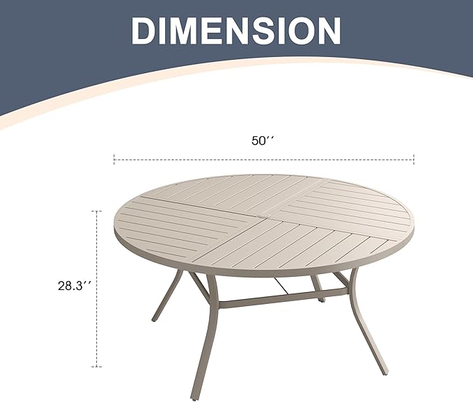 VICLLAX 50" Round Patio Dining Table for 6, All Weather Metal Outdoor Table with 1.57" Umbrella Hole and Surdy Frame for Garden Lawn Deck, Sandshell