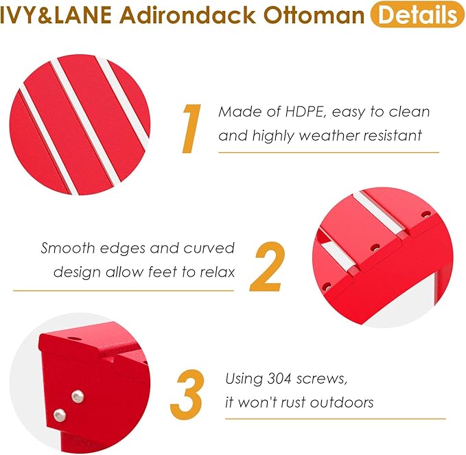 IVY&LANE Outdoor Adirondack Ottoman | Folding | Set of 2 | HDPE | Red | All Weather | Waterproof Patio Footrest for Adirondack Chair | Poly Lumber Foot Rest for Deck Backyard
