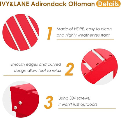 IVY&LANE Outdoor Adirondack Ottoman | Folding | Set of 2 | HDPE | Red | All Weather | Waterproof Patio Footrest for Adirondack Chair | Poly Lumber Foot Rest for Deck Backyard