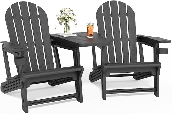 Adirondack Chair Set of 2, All Weather HDPE Adirondack Chair with Double Connecting Trays, Plastic Adirondack Chairs for Balcony, Deck, Patio, Backyard, Garden, Black
