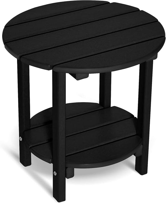 Round Adirondack Outdoor Side Table, 17.7" Small Patio End Table, 2-Tier HDPE Plastic Table for Poolside Porch Garden, Weather Resistant & Easy Assembly (Black)