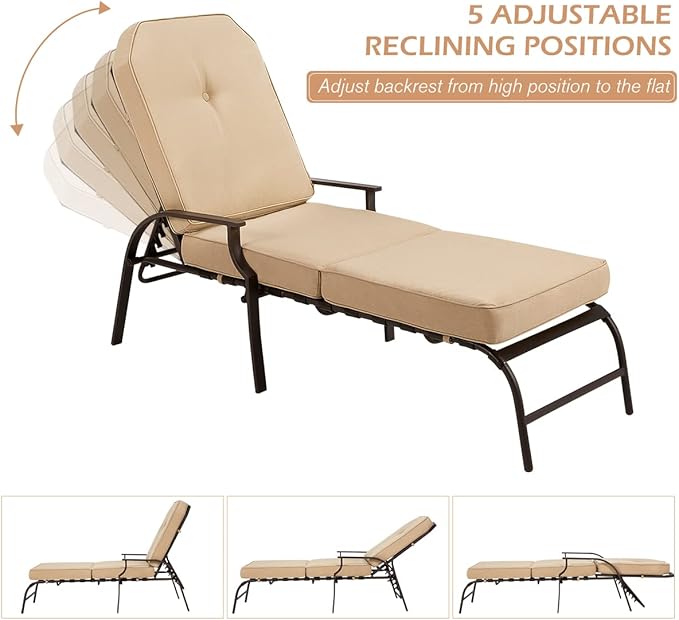 U-MAX Adjustable Outdoor Chaise Lounge Chair Patio Lounge Chair Recliner Furniture with Armrest and Cushion for Deck, Poolside, Backyard (Beige, 2PCS)