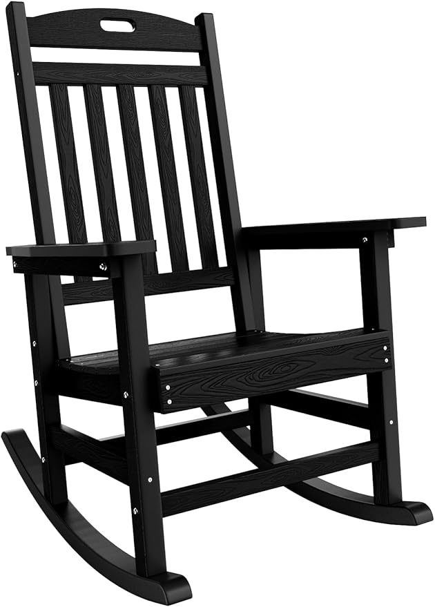 YEFU Outdoor Rocking Chair Porch: Outdoor Patio Rocking Chairs-Oversized Rocker Chair-All Weather Poly Rocker Lawn Chairs for Adult-Seat Area 22"x21"-Backrest Height 31"-380lbs Weight Capacity-Black